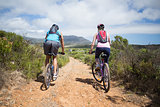Fit couple cycling on mountain trail