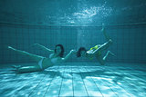 Pretty friends looking at camera underwater in bikinis