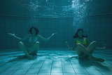 Pretty friends sitting underwater in bikinis