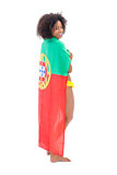 Smiling girl in yellow bikini holding portugal flag over shoulders