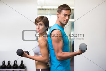 Fit couple lifting dumbbells together