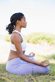 Fit woman sitting on grass in lotus pose with eyes closed