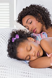 Cute daughter sleeping with mother on the sofa