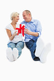 Happy mature couple holding a gift