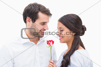 Handsome man offering his girlfriend a rose