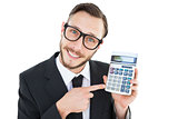 Geeky businessman pointing to calculator
