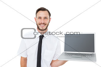 Hipster businessman showing his laptop