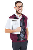 Geeky man holding clipboard in vest