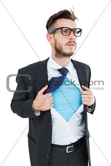 Geeky hipster opening shirt superhero style