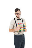 Geeky hipster holding an abacus
