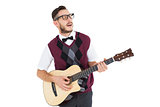 Geeky hipster playing guitar and singing