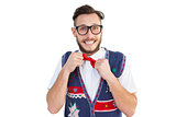 Geeky hipster wearing christmas vest