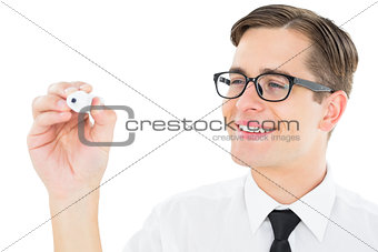 Geeky businessman writing with marker