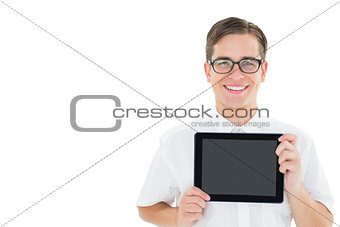 Geeky businessman showing his tablet pc