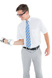 Geeky happy businessman lifting dumbbell