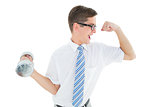 Geeky happy businessman lifting dumbbell
