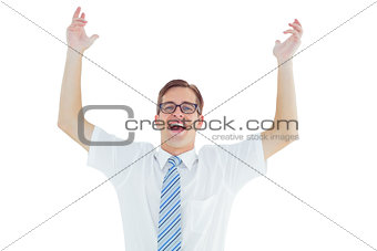 Geeky happy businessman with arms up