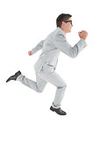 Geeky happy businessman running mid air