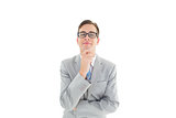 Geeky happy businessman thinking with hand on chin