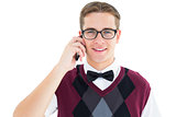 Geeky hipster talking on the phone