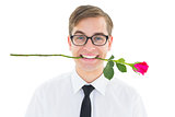 Geeky hipster holding a red rose in his teeth