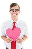 Geeky hipster holding heart card