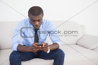 Handsome businessman sending text on sofa