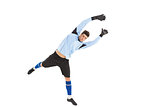 Goalkeeper in blue jumping up