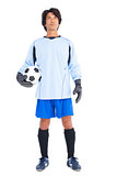 Goalkeeper in blue holding ball