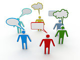 Group of colorful business people network and communicate in speech bubbles