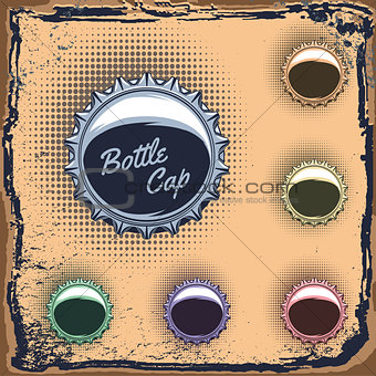 set of multicolored bottle caps on grungy background