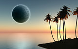 3D palm tree island with planet in the sky