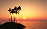 Palm tree island against a sunset sky