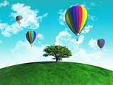 Hot air balloons with tree on grassy globe