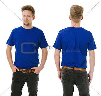 Man posing with blank blue shirt tucked in