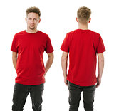 Man posing with blank red shirt