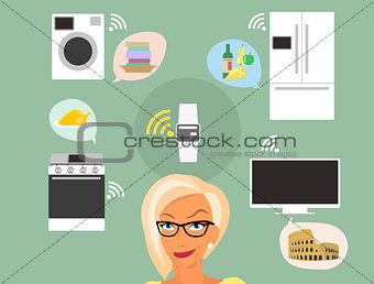 Blond woman thinking about smart gadgets at home and applications around her