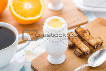 Breakfast with soft boiled eggs and toast soldiers
