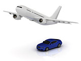 Passenger airliner and blue car