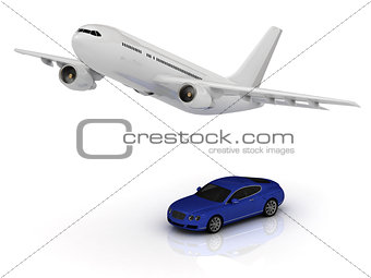 Passenger airliner and blue car