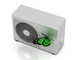 One green butterfly sits on a street conditioner