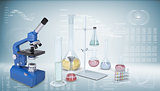 Chemical laboratory equipment. Microscope, flasks and test tubes