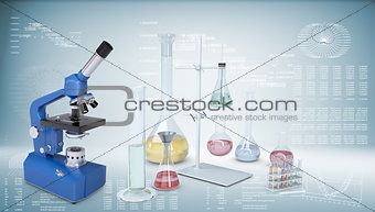 Chemical laboratory equipment. Microscope, flasks and test tubes