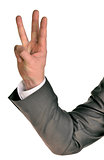 Businessman in suit shows three fingers