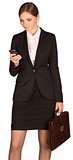 Businesswoman using phone and holding briefcase