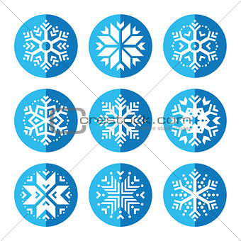 Snowflakes round blue icon set