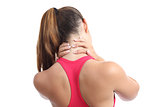 Back view of a fitness woman with neck pain