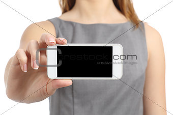 Business woman hand displaying a blank smart phone screen