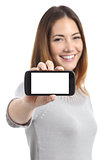 Happy woman showing a horizontal smart phone screen app
