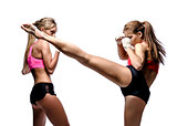 Two attractive athletic girls fighting over white background